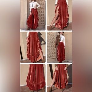 Rustydusty burnt orange velvet ruffle hem split thigh pants